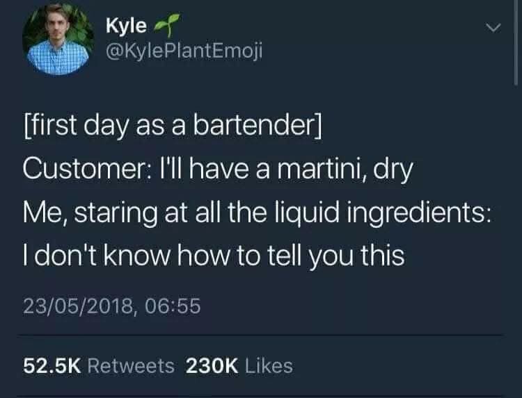 A screenshot of a tweet by Kyle (@KylePlantEmoji) showing a humorous anecdote about a bartender's first day on the job. The…