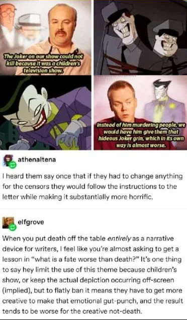 A four-panel meme collage featuring images of The Joker from various media, including a real-life man, an animated cartoon…