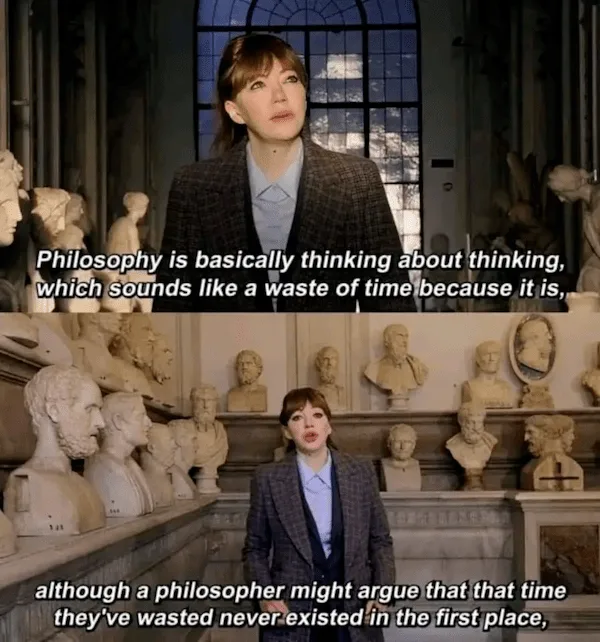 A split-screen image shows a woman in a plaid blazer standing in a room filled with classical busts. In the top panel, she…