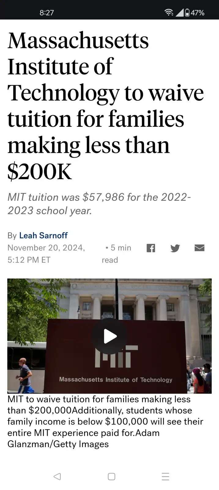 A screenshot of a news article about MIT waiving tuition for families earning under $200K, with a photo of the MIT sign. The…