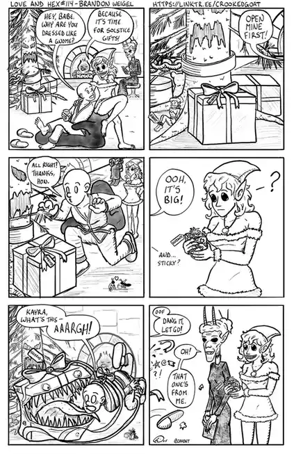 A six-panel comic strip shows a couple exchanging solstice gifts. The woman, dressed as a gnome, asks why he's dressed like…