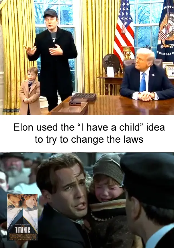 The top panel shows a man resembling Elon Musk standing in the Oval Office with a small child beside him, while Donald Trump…