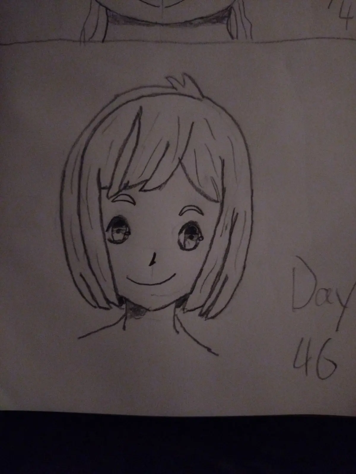 A hand-drawn pencil sketch of an anime-style girl with short bob hair and a cheerful smile, with the handwritten text 'Day…