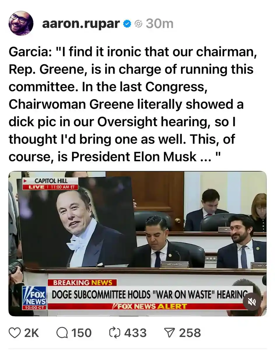 A screenshot from a Fox News broadcast shows a congressional hearing labeled 'DOGE SUBCOMMITTEE HOLDS "WAR ON WASTE"…
