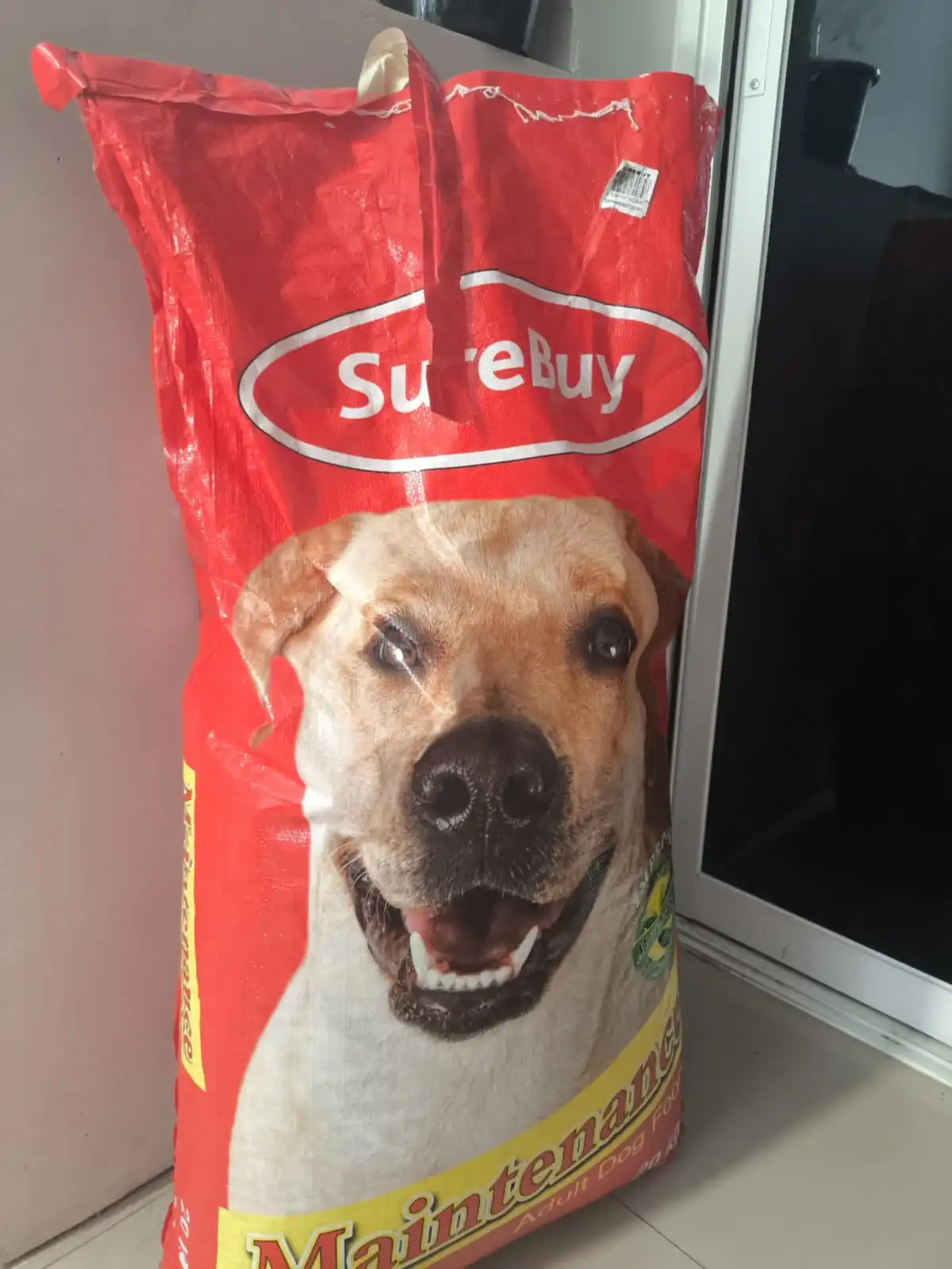 A large red bag of SureBuy dog food, featuring a photo of a smiling yellow Labrador Retriever on the front, is standing…