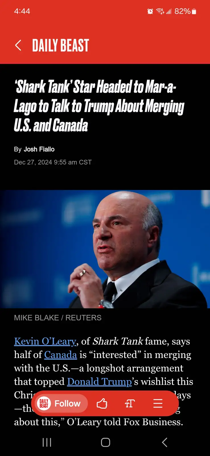 A screenshot of a Daily Beast article from Dec 27, 2024, featuring a photo of Kevin O'Leary speaking. The headline reads…