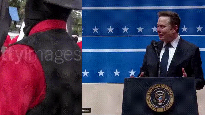 a composite image shows elon musk standing at a podium with the presidential seal, appearing to give a speech. Behind him…