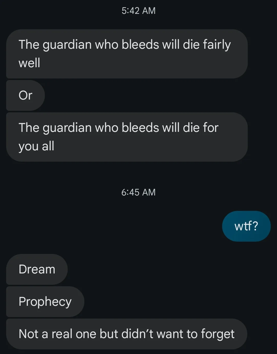 A screenshot of a dark-themed text conversation shows a user receiving cryptic messages about 'the guardian who bleeds'…