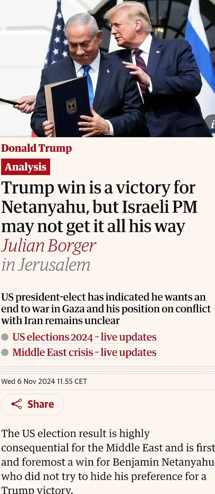 The image shows Donald Trump placing his hand on Benjamin Netanyahu's shoulder as Netanyahu holds a document with the…