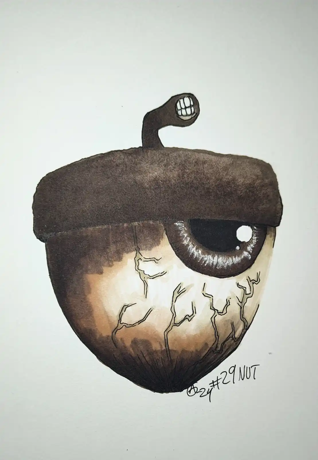 A watercolor drawing of an acorn with a single large, detailed eye and cracks across its surface, featuring a small, toothy…
