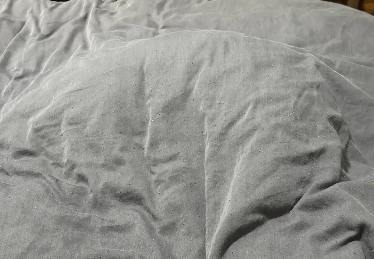 A close-up of a rumpled, gray fabric surface, likely a bedsheet or comforter, showing wrinkles and scattered lint. Overlaid…
