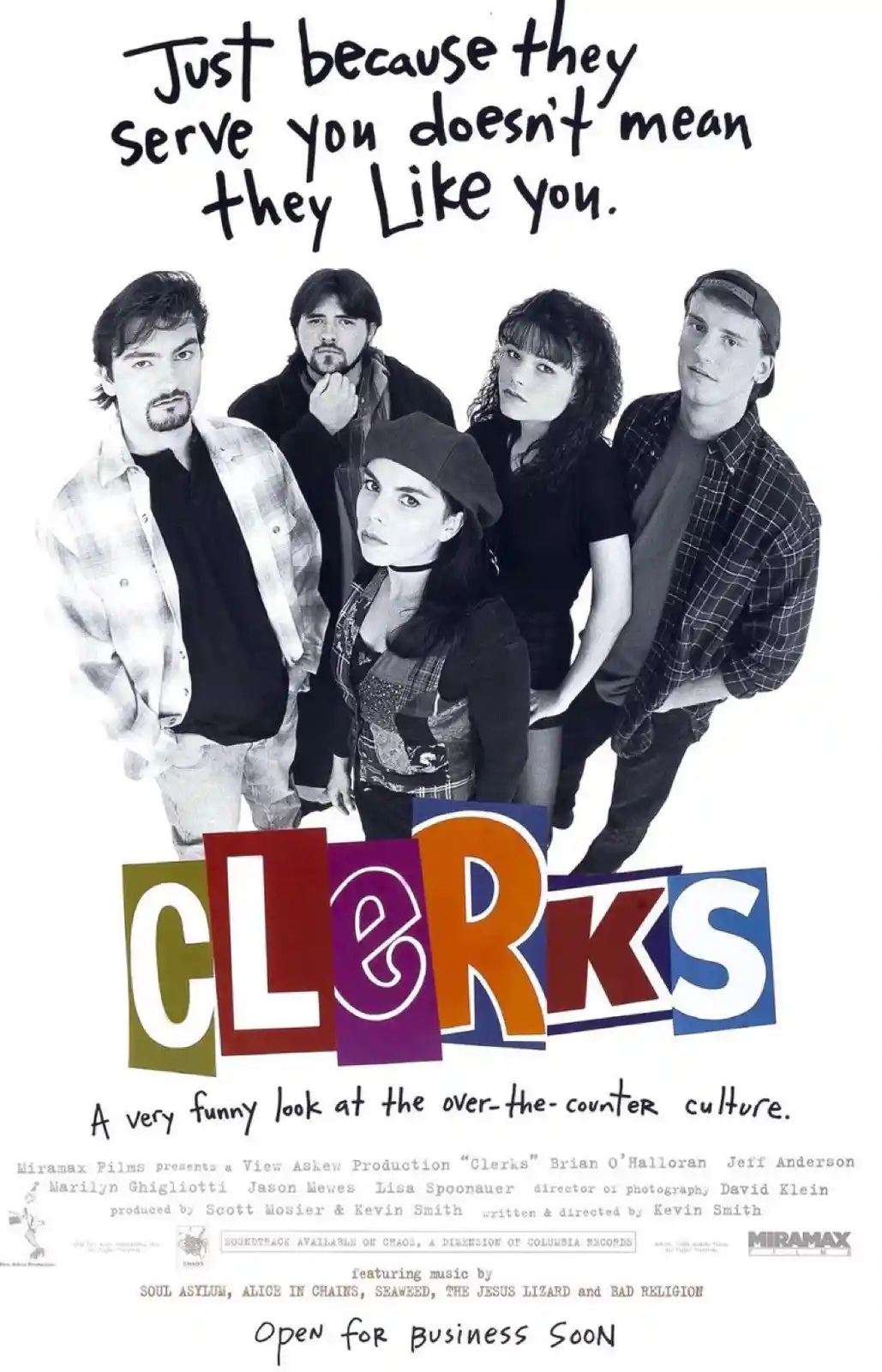 A black-and-white movie poster for 'Clerks' featuring five young adults in casual 90s attire looking directly at the camera…