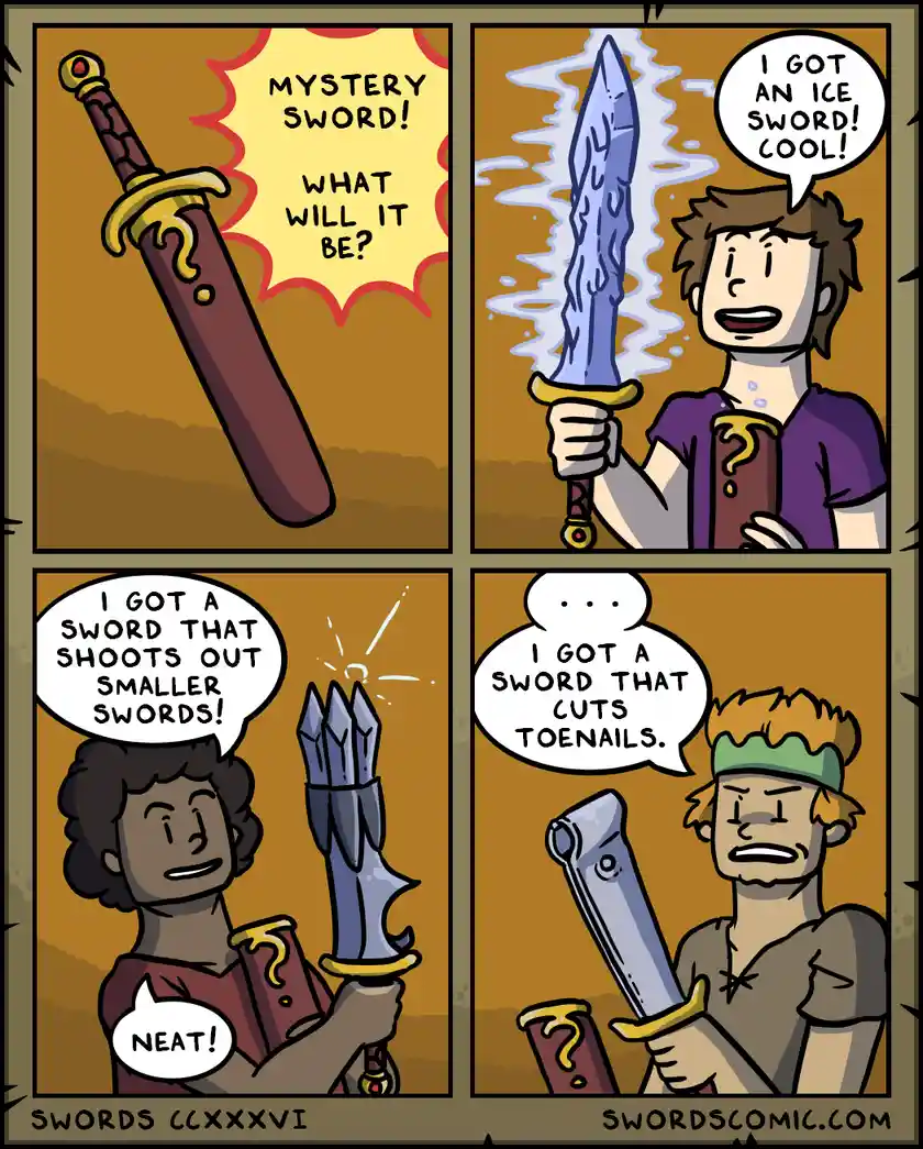 A four-panel comic shows adventurers unboxing a mystery sword. The first panel shows the sword in its sheath with a speech…