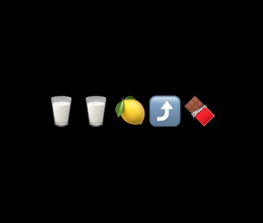The image displays five emojis arranged horizontally on a black background: two glasses of milk, a lemon with a green stem…