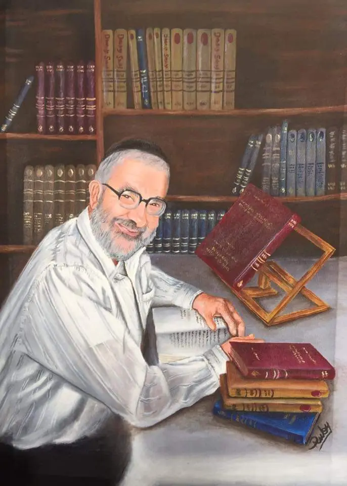 A painted portrait of an elderly Jewish man with glasses and a kippah, smiling while seated at a desk surrounded by books…