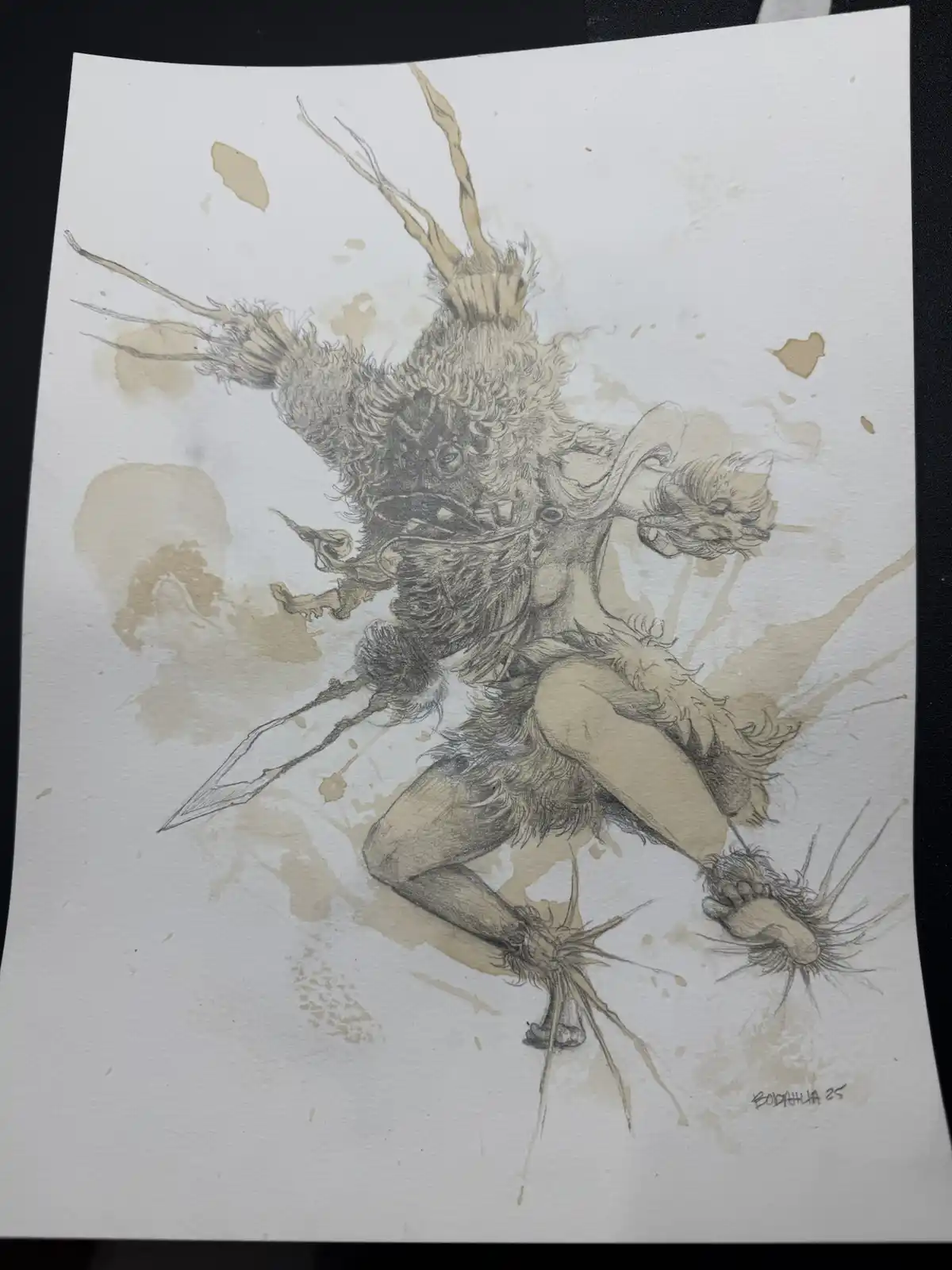 A detailed pencil and ink drawing on textured paper shows a monstrous, furry humanoid creature with multiple limbs, claws…
