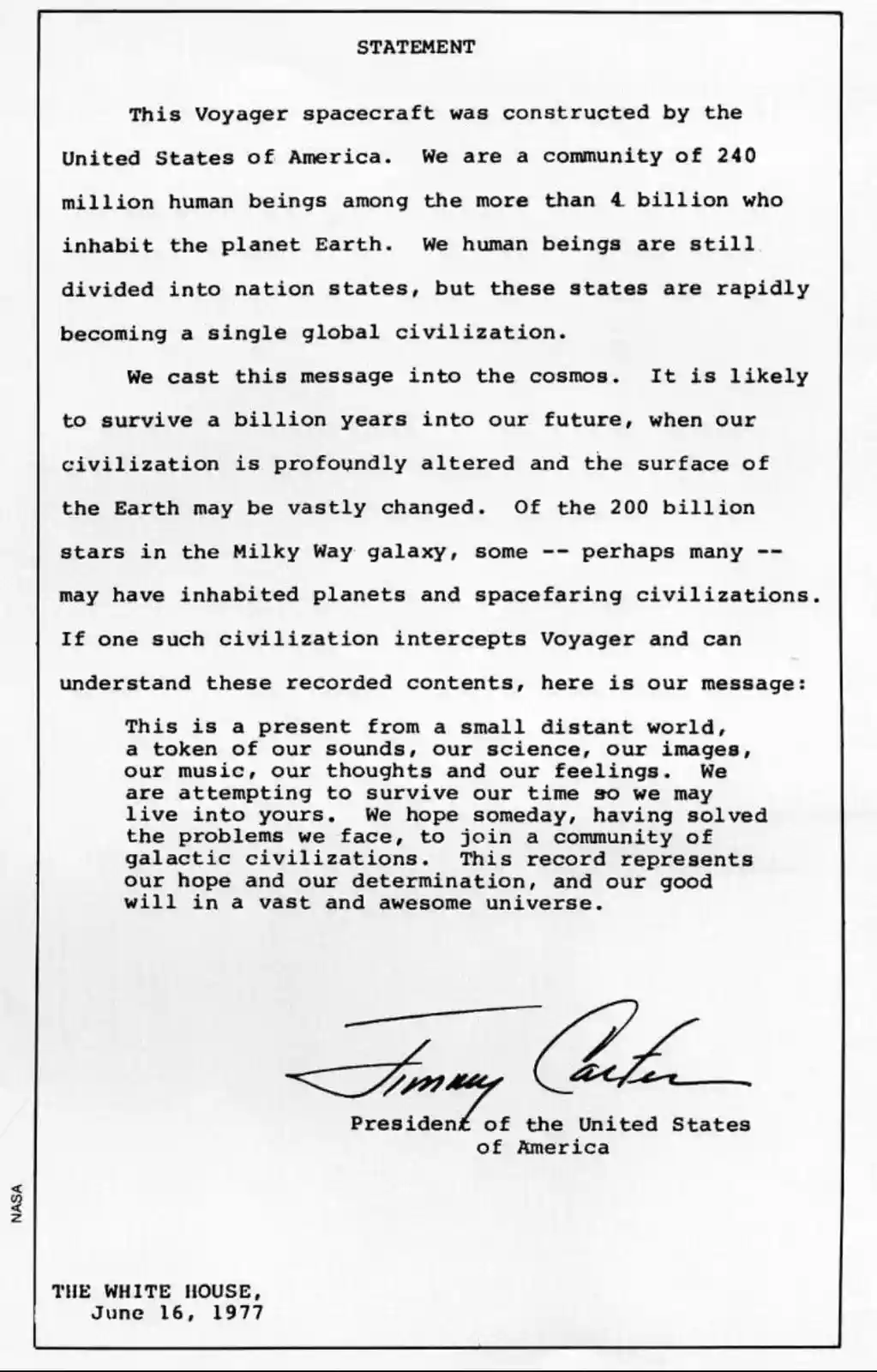 The image displays a formal statement document, resembling a NASA press release, with typewritten text describing the…