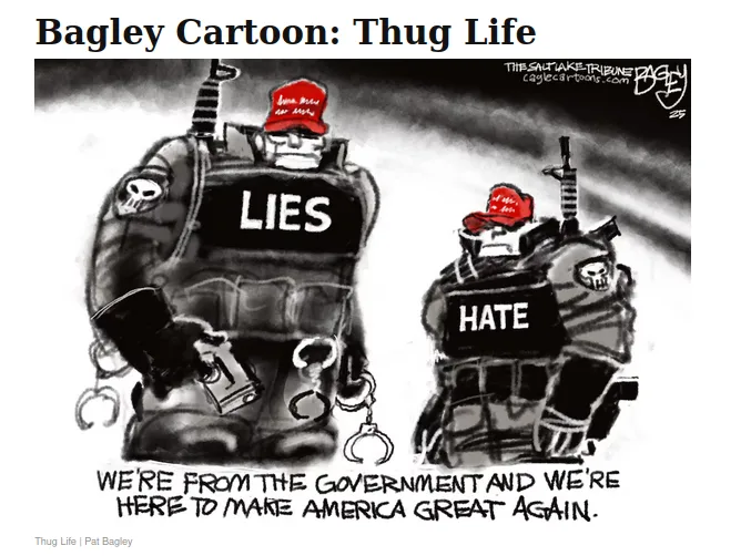 Two cartoon figures in tactical gear, each wearing a red 'Make America Great Again' hat and a vest labeled 'LIES' and 'HATE'…