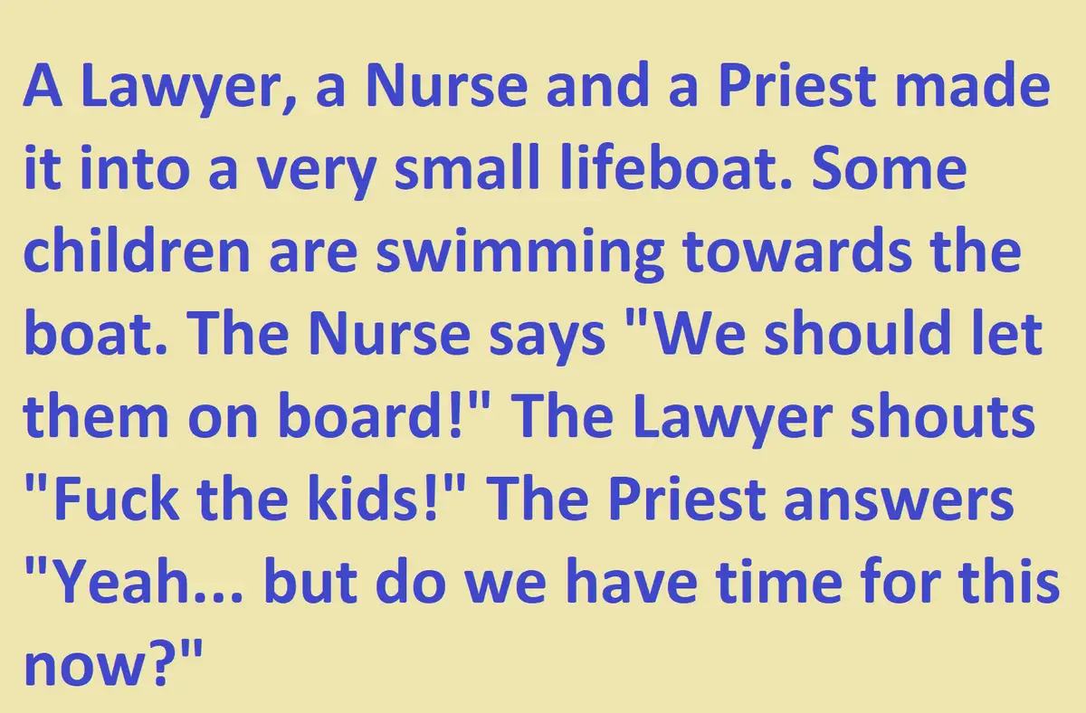 The image displays a plain yellow background with blue text telling a joke about a lawyer, nurse, and priest in a lifeboat…