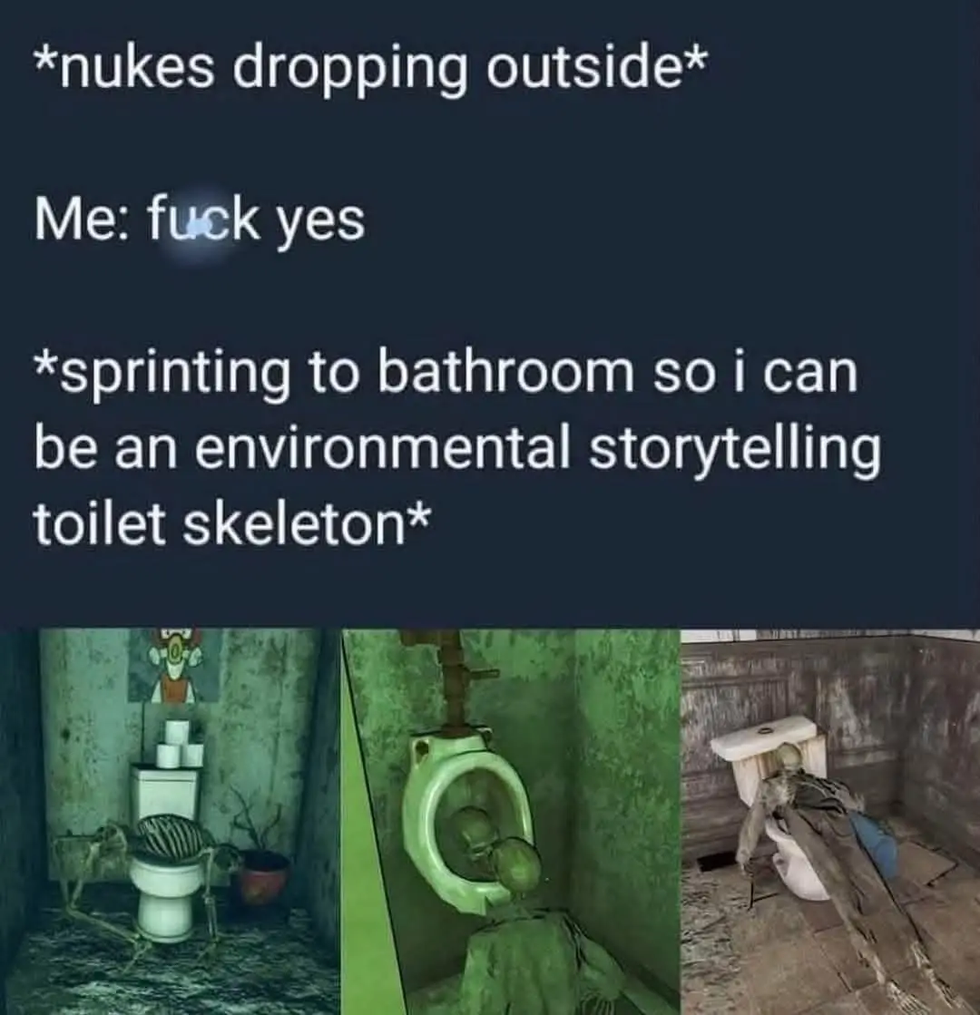 Three images from a video game show skeletons in various states of being inside toilets. The first shows a skeleton sitting…