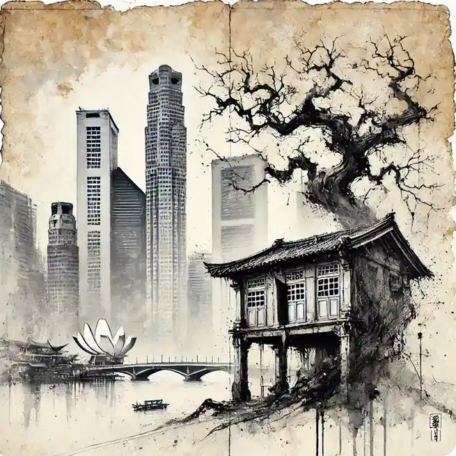 A sepia-toned, ink-wash style image depicts a traditional wooden stilt house with a curved roof, rooted in the foreground…