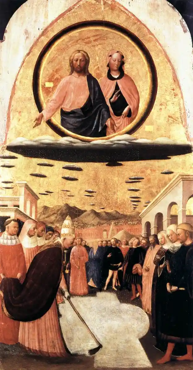 This image is a classical religious painting depicting Jesus and Mary in a golden halo above a crowd of people in period…