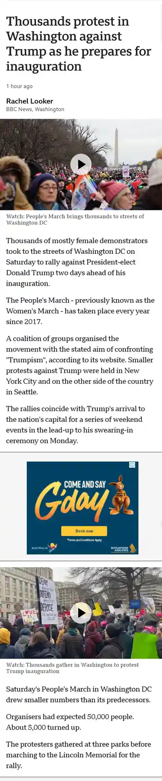 A screenshot of a BBC News article about a protest in Washington DC against Trump's inauguration, featuring photos of crowds…