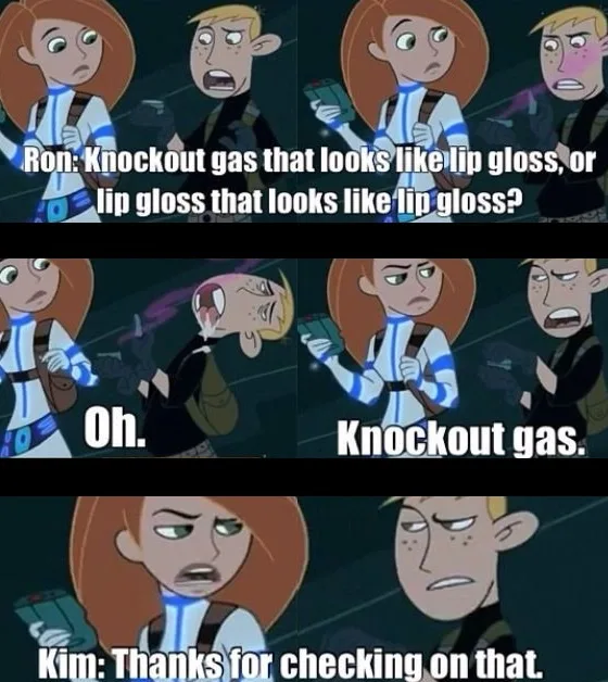 A four-panel comic strip from the animated series 'Kim Possible' featuring characters Ron and Kim. Ron, holding a small…