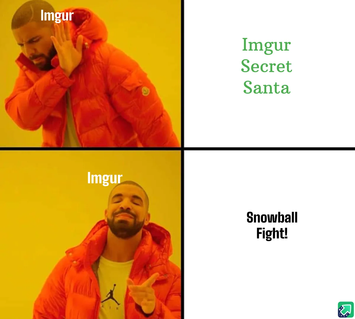 This four-panel meme features Drake in an orange puffer jacket. In the top-left panel, he covers his ears with a skeptical…