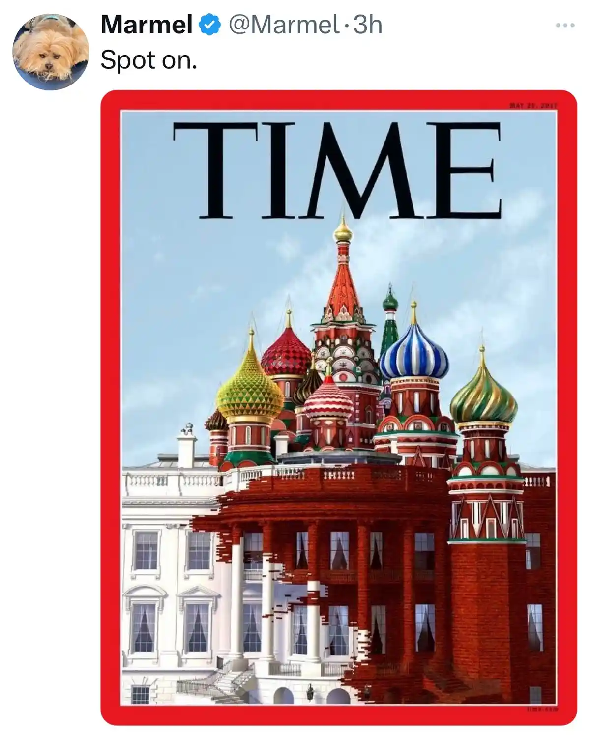 The image displays a digitally altered TIME magazine cover from May 29, 2017, featuring St. Basil's Cathedral in Moscow. The…
