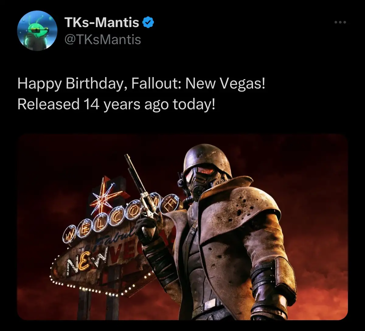 A screenshot of a tweet from user TKs-Mantis celebrating the 14th anniversary of the video game Fallout: New Vegas. The…