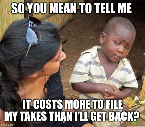 A woman with sunglasses on her head looks at a young boy who has a skeptical, confused expression. The text overlaid on the…