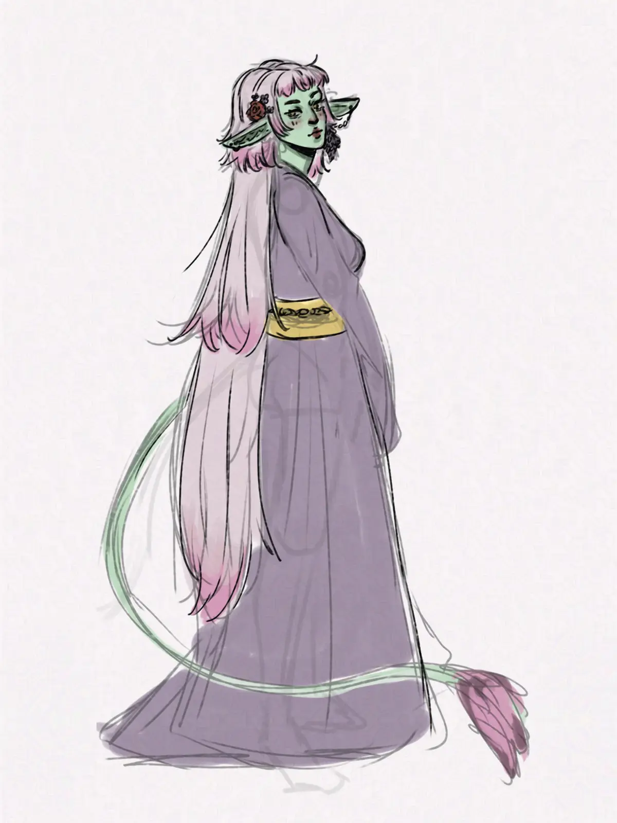 A stylized illustration of a green-skinned, elf-like humanoid with pointed ears, pink hair, and a long, green, flower-tipped…