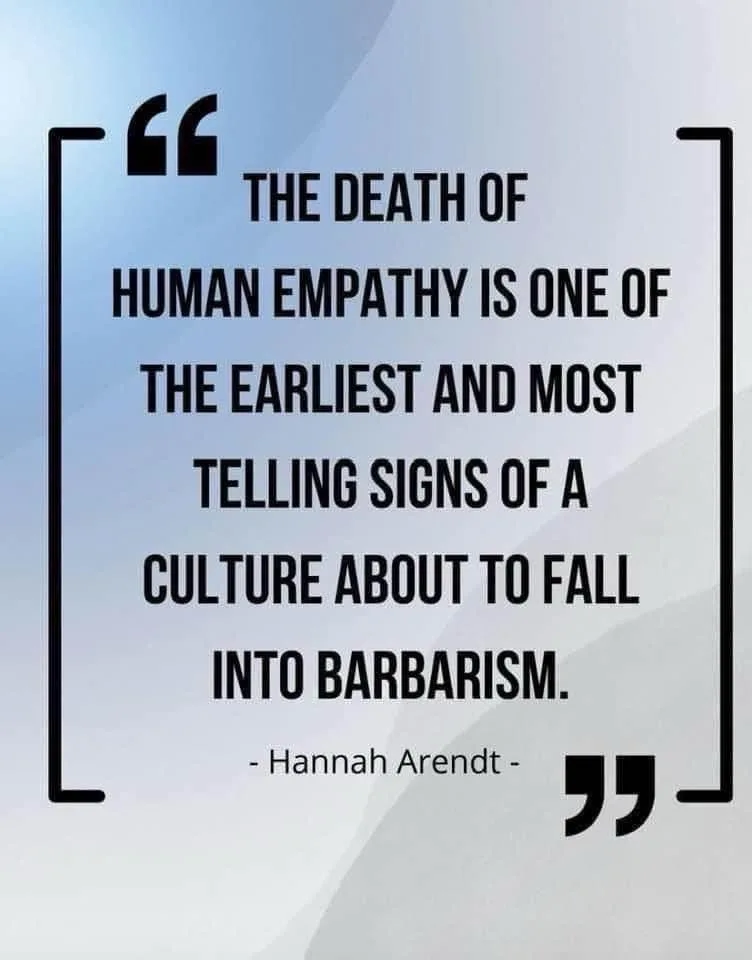 A quote attributed to Hannah Arendt is displayed in bold black text within a stylized black quotation mark frame against a…