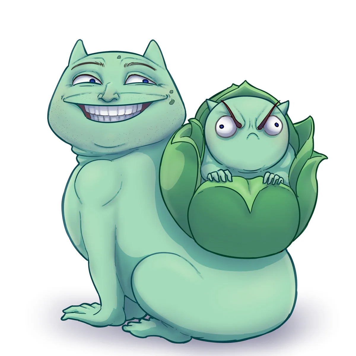 Two green cartoon cat-like creatures sit together; the larger one on the left has a wide, smug grin with sweat drops, while…