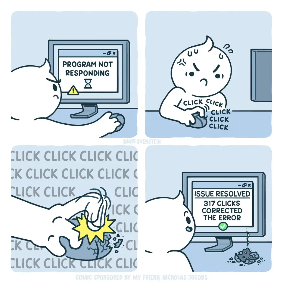 A four-panel comic shows a cartoon cat frustrated by a frozen computer displaying 'PROGRAM NOT RESPONDING'. The cat…