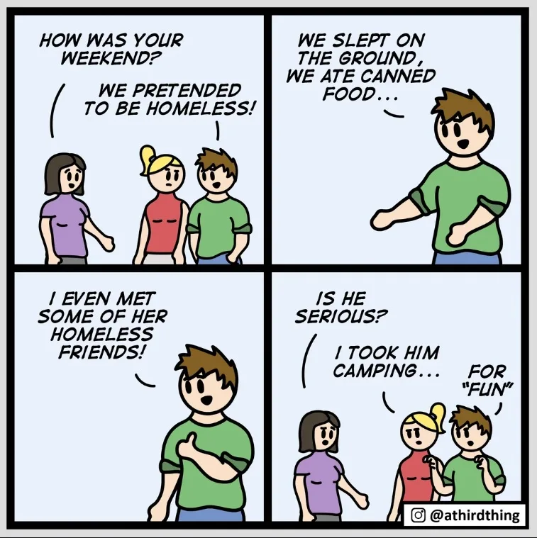 A four-panel comic strip shows a man enthusiastically recounting his 'homeless' weekend adventure to two friends, detailing…