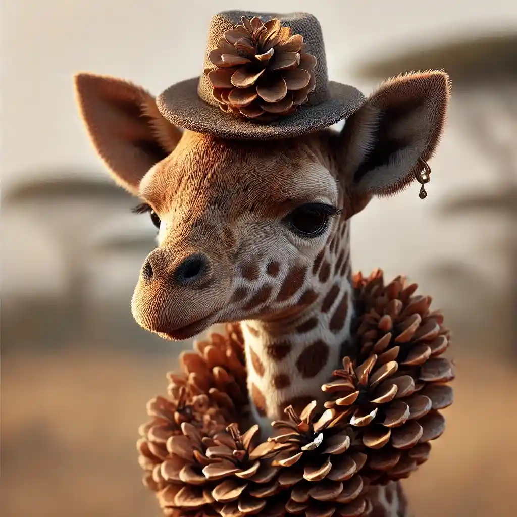 A close-up of a young giraffe wearing a small grey hat decorated with a large pinecone on top, and a collar made of multiple…