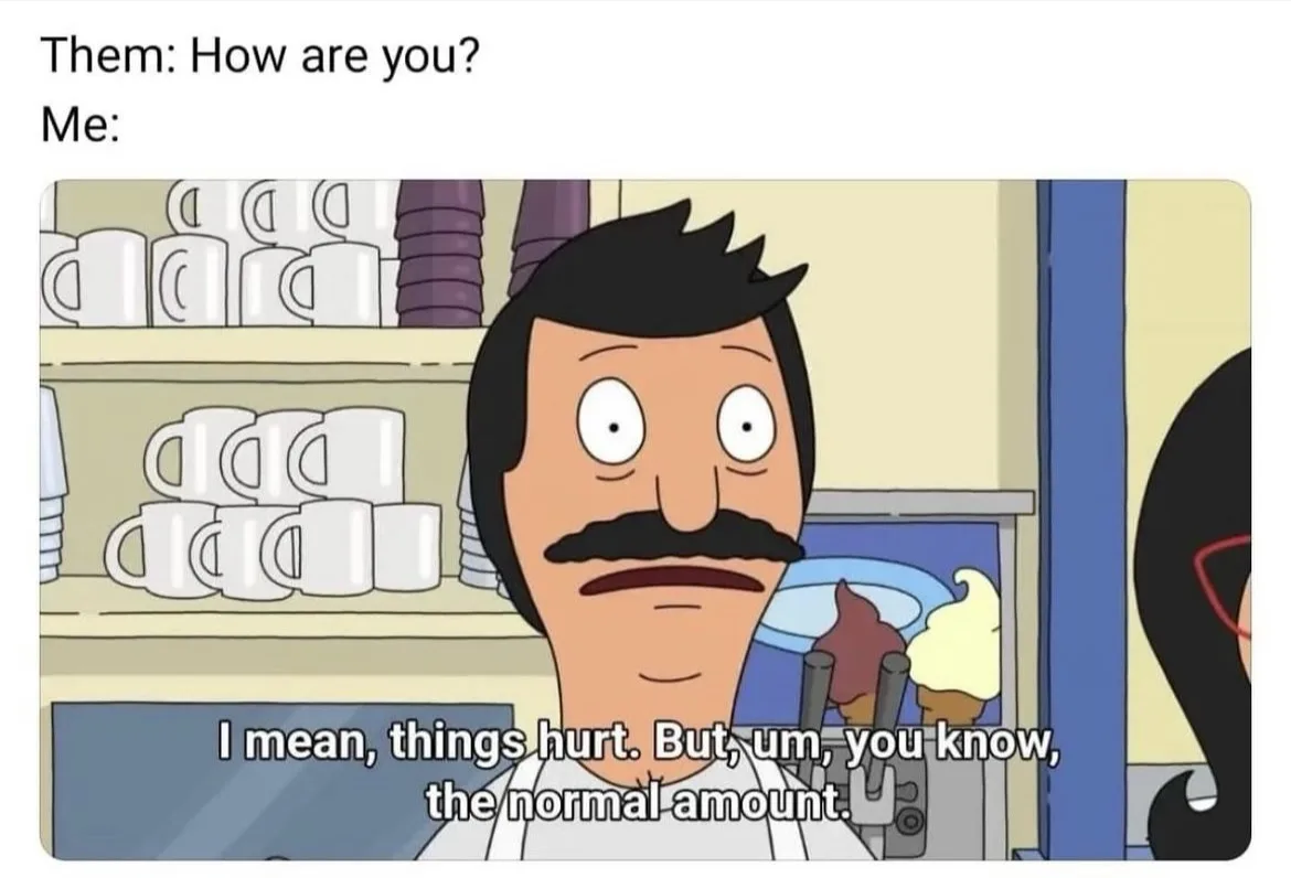 The image shows Bob Belcher from the animated TV show 'Bob's Burgers' looking confused and slightly uncomfortable while…