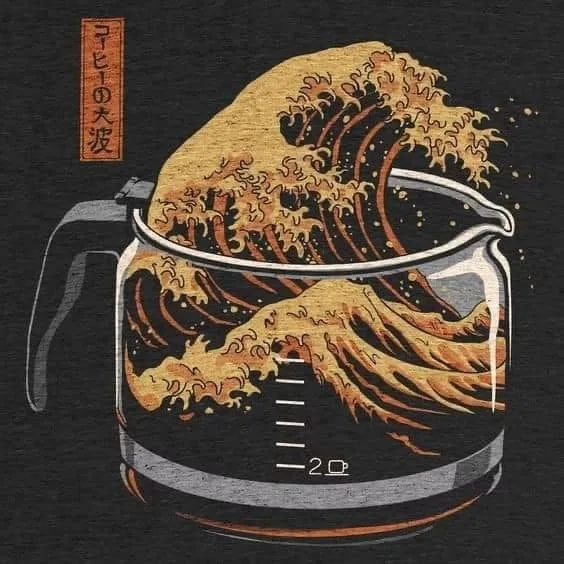 A stylized illustration shows the iconic Japanese woodblock print 'The Great Wave off Kanagawa' reimagined as a massive…