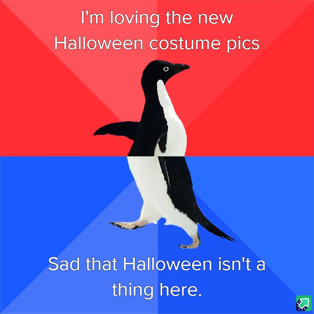 A penguin is split vertically down the middle, with the top half against a red background and the bottom half against a blue…