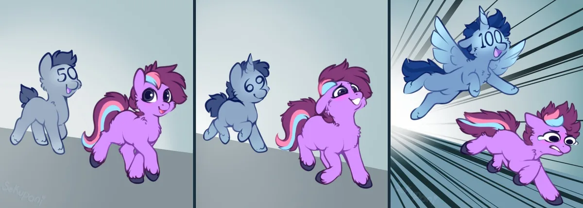 A three-panel comic shows two cartoon ponies, one gray and one purple, progressing through stages. In the first panel, the…