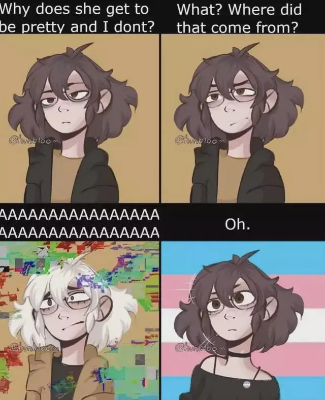 A four-panel meme featuring an anime-style character with dark hair and glasses. The top-left panel shows them looking sad…