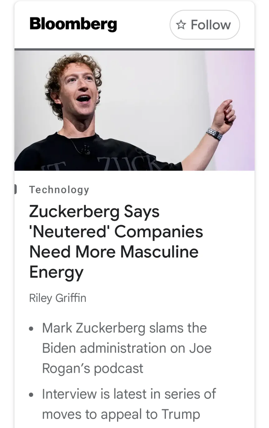 A screenshot of a Bloomberg news article featuring Mark Zuckerberg, who is shown smiling and gesturing while wearing a black…