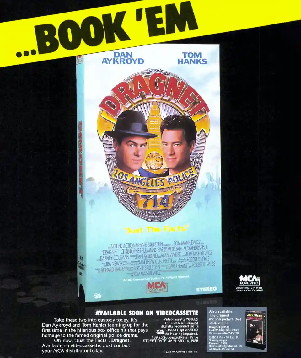 A vintage 1987 MCA Home Video advertisement for the movie 'Dragnet' starring Dan Aykroyd and Tom Hanks, featuring the film's…