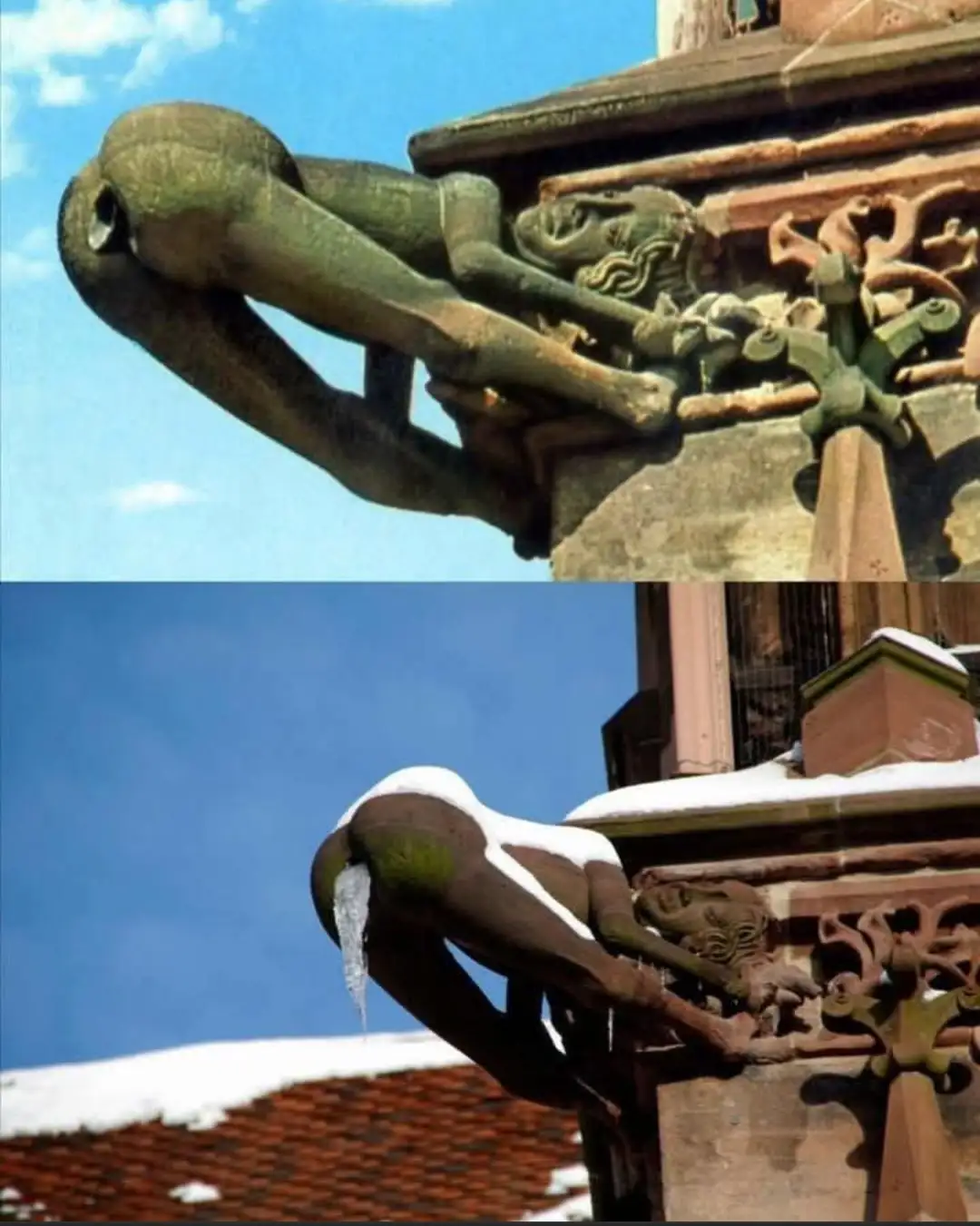 The image shows two photos of a gargoyle statue on a building. The top photo shows the gargoyle in summer with no snow. The…