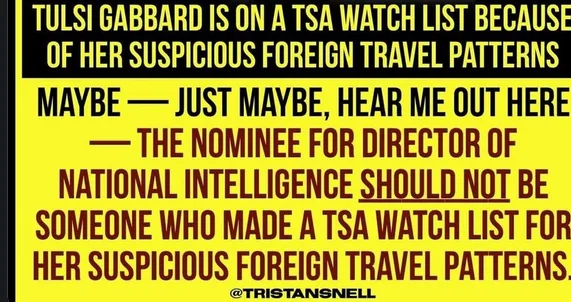 A yellow background image with bold black and red text. The text states that Tulsi Gabbard is on a TSA watch list due to…