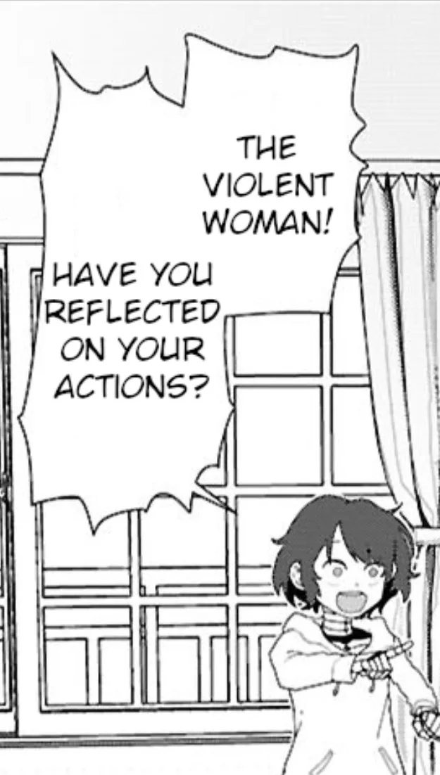 A black-and-white manga panel shows a young girl with short hair, wide eyes, and an open mouth, holding a small object…