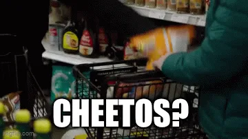 A six-panel meme sequence from a grocery store scene where a man in a green jacket asks about Cheetos, another man in a cap…