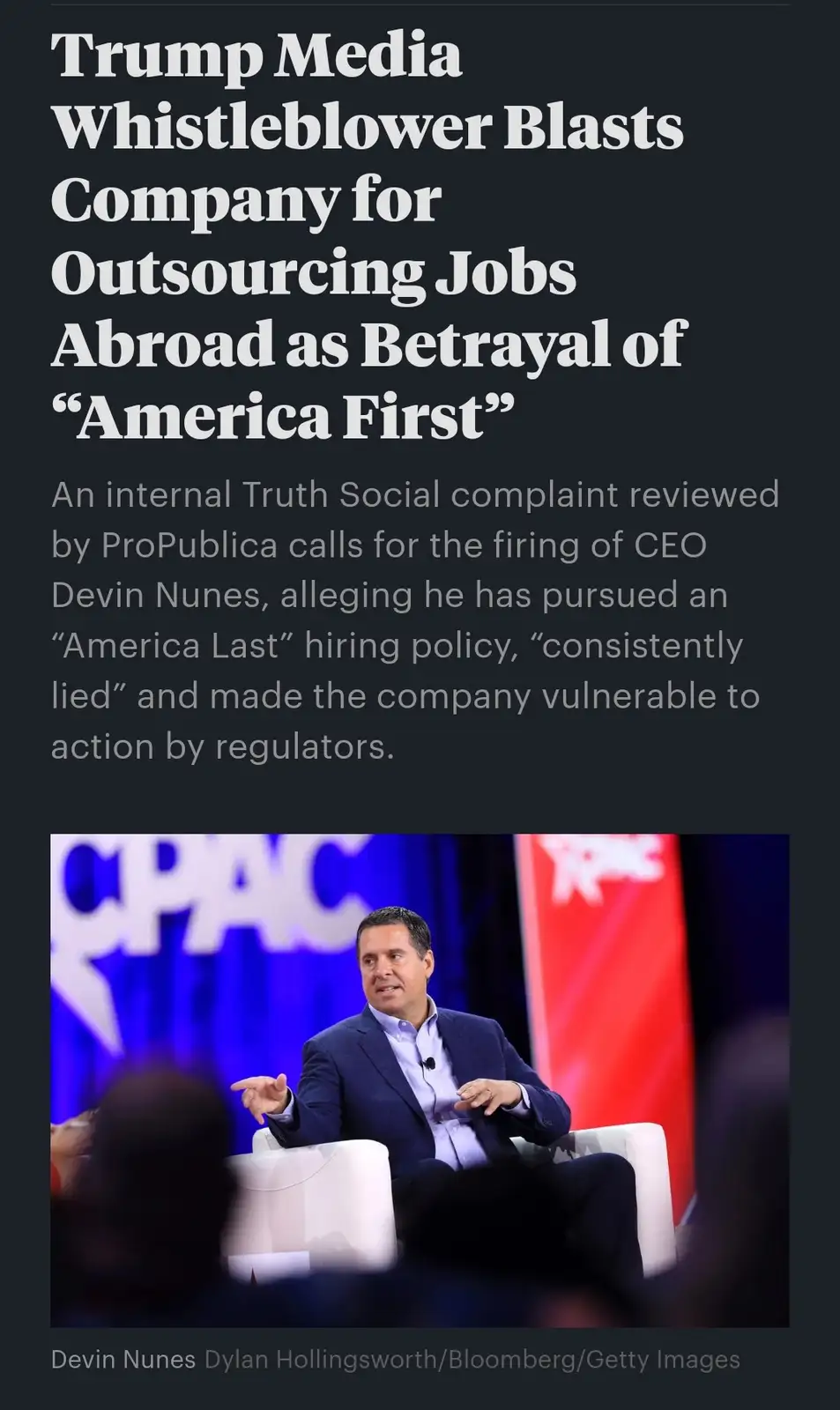 A news article headline reads 'Trump Media Whistleblower Blasts Company for Outsourcing Jobs Abroad as Betrayal of "America…